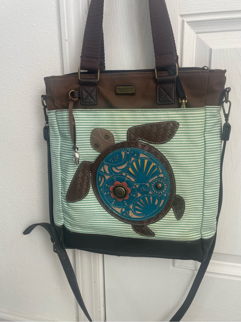 Chala Brown & Teal Turtle Appliqué Strip-Pattern Tote